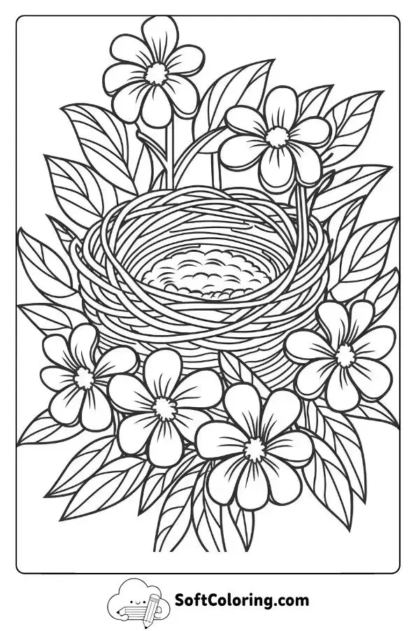 Bird Nest Hidden Among Flowers