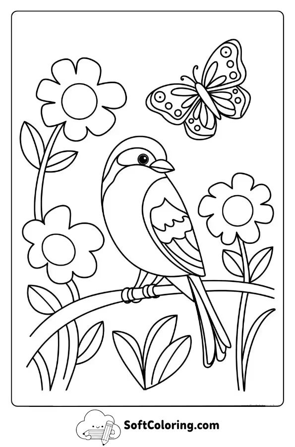 Bird and Butterfly in a Garden