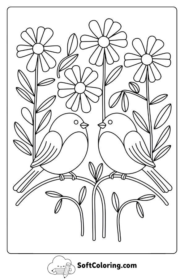 Birds Perched Among Flowers