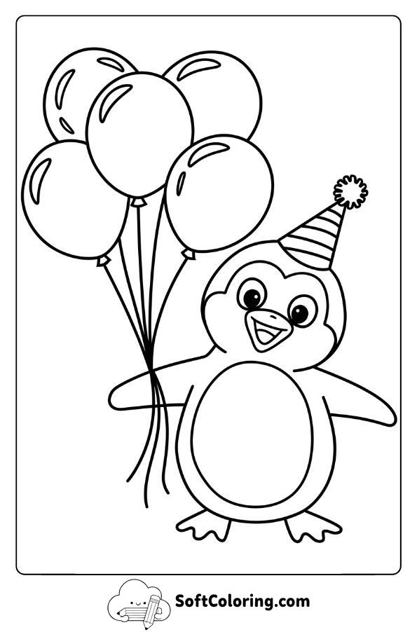 Birthday Penguin Holding Balloons