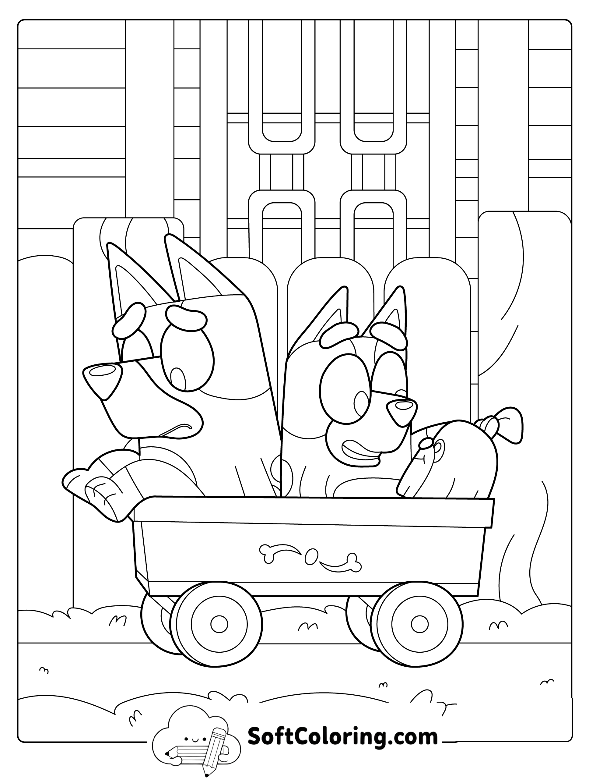 Bluey and Bingo Riding in a Cart