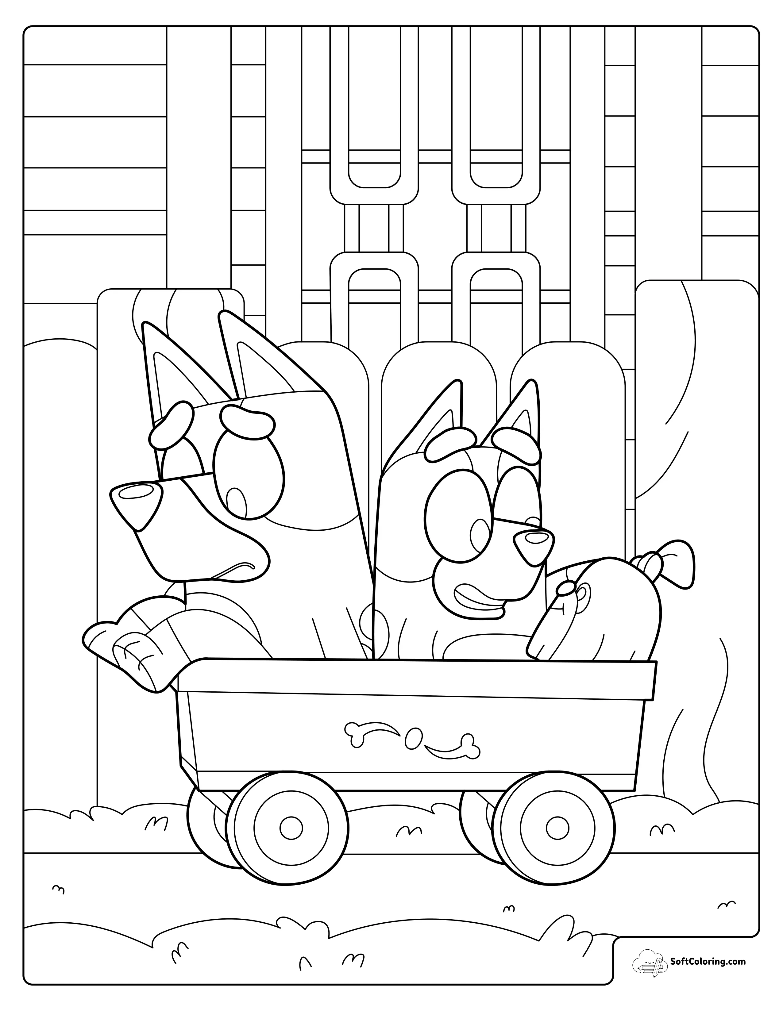 Bluey And Bingo Riding In A Cart