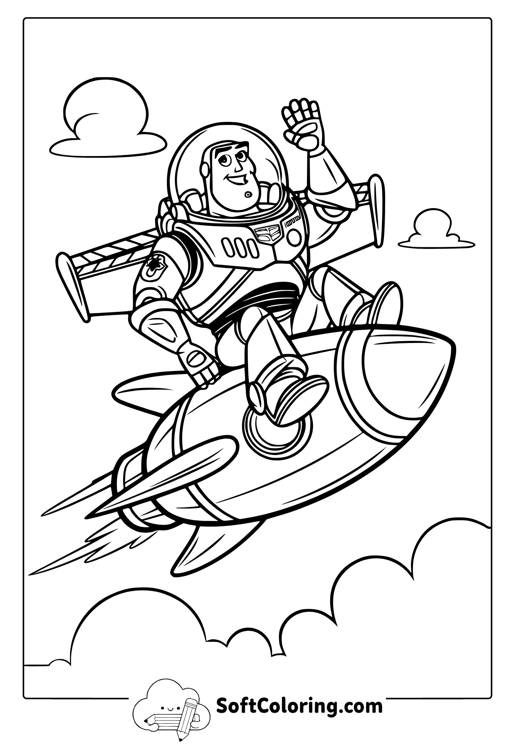 Buzz Lightyear riding a rocket coloring page