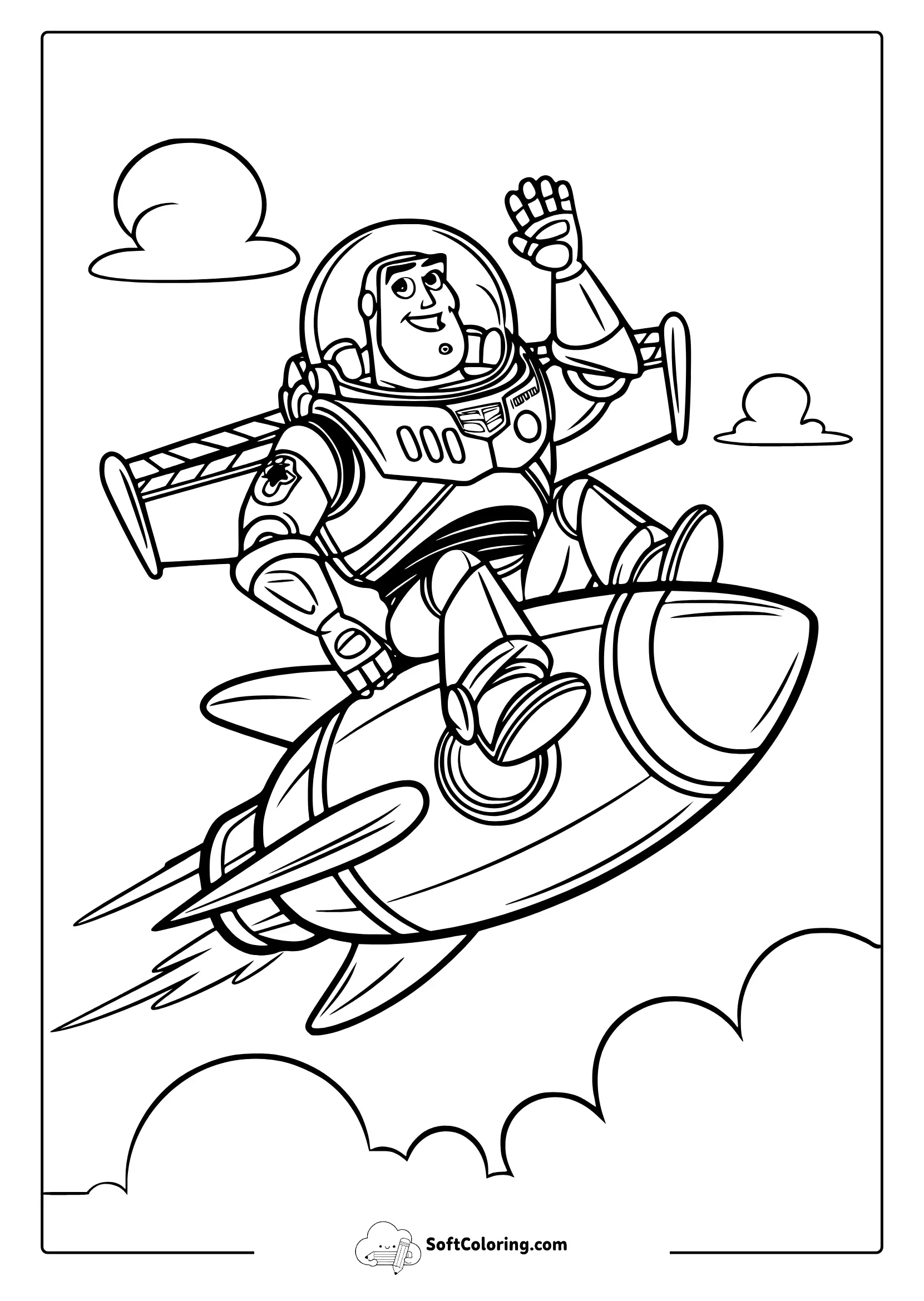 Buzz Lightyear Riding A Rocket Coloring Page