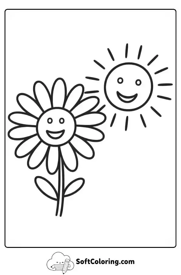 Cartoon Daisy With Sun Coloring Page