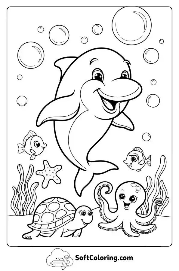 Cartoon Dolphin Blowing Bubbles With Friends