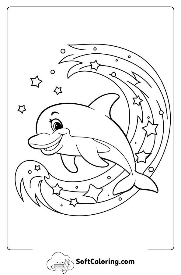 Cartoon Dolphin Riding a Wave of Stars