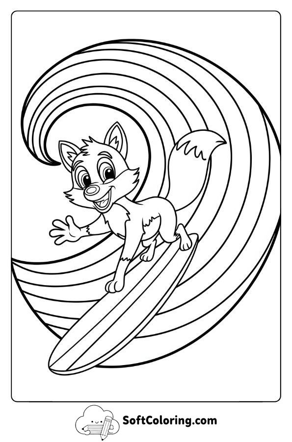 Cartoon Fox Surfing on a Rainbow Wave