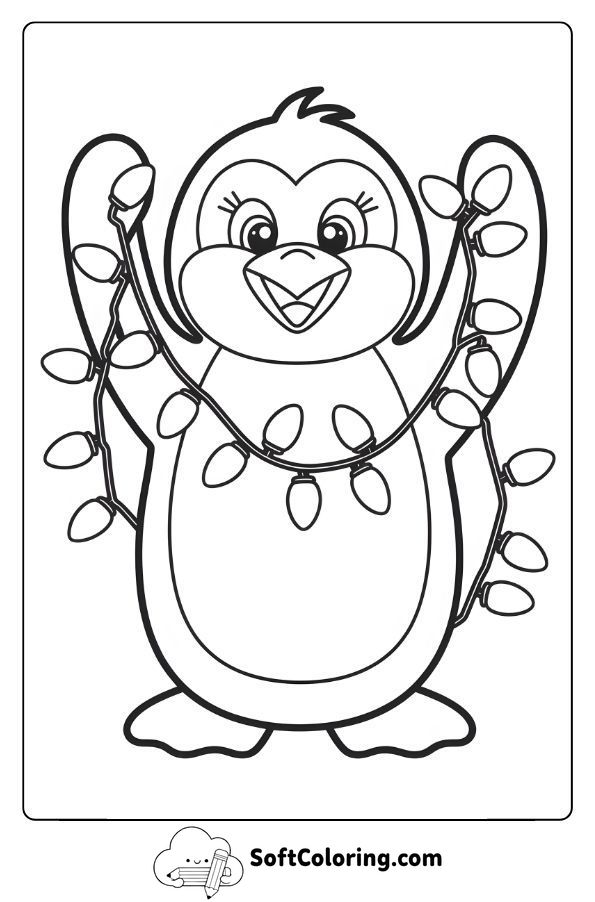 Cartoon Penguin with Christmas Lights
