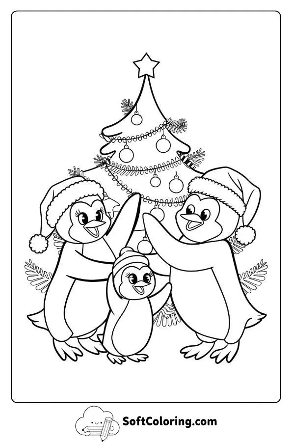 Christmas Penguin Family Decorating A Tree