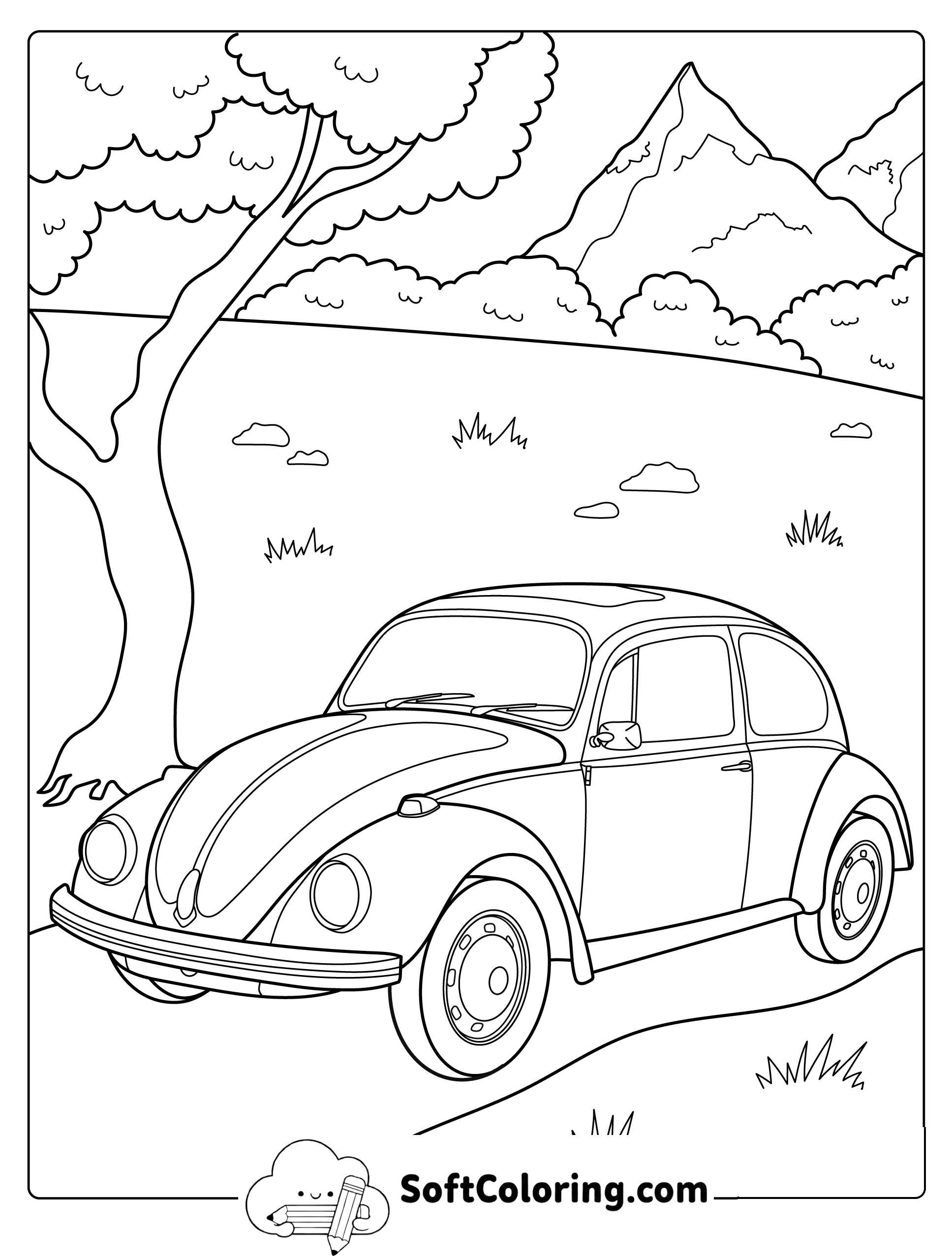 Classic Car by the Mountains Coloring Page