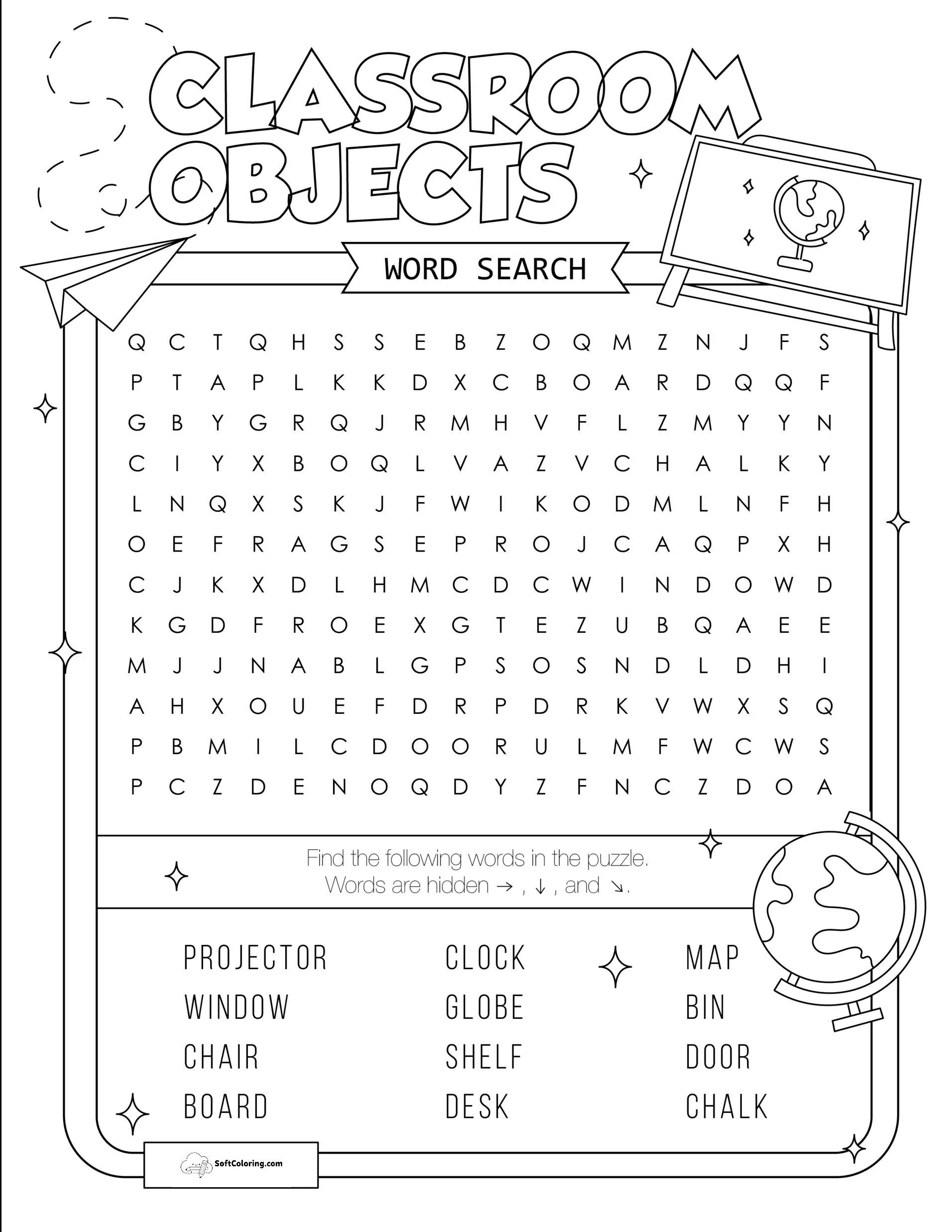 Classroom Objects Word Search Puzzle