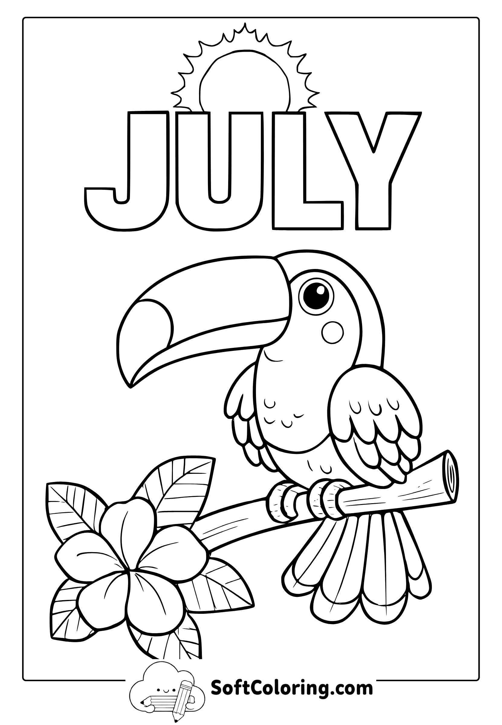 Coloring page of a toucan enjoying July