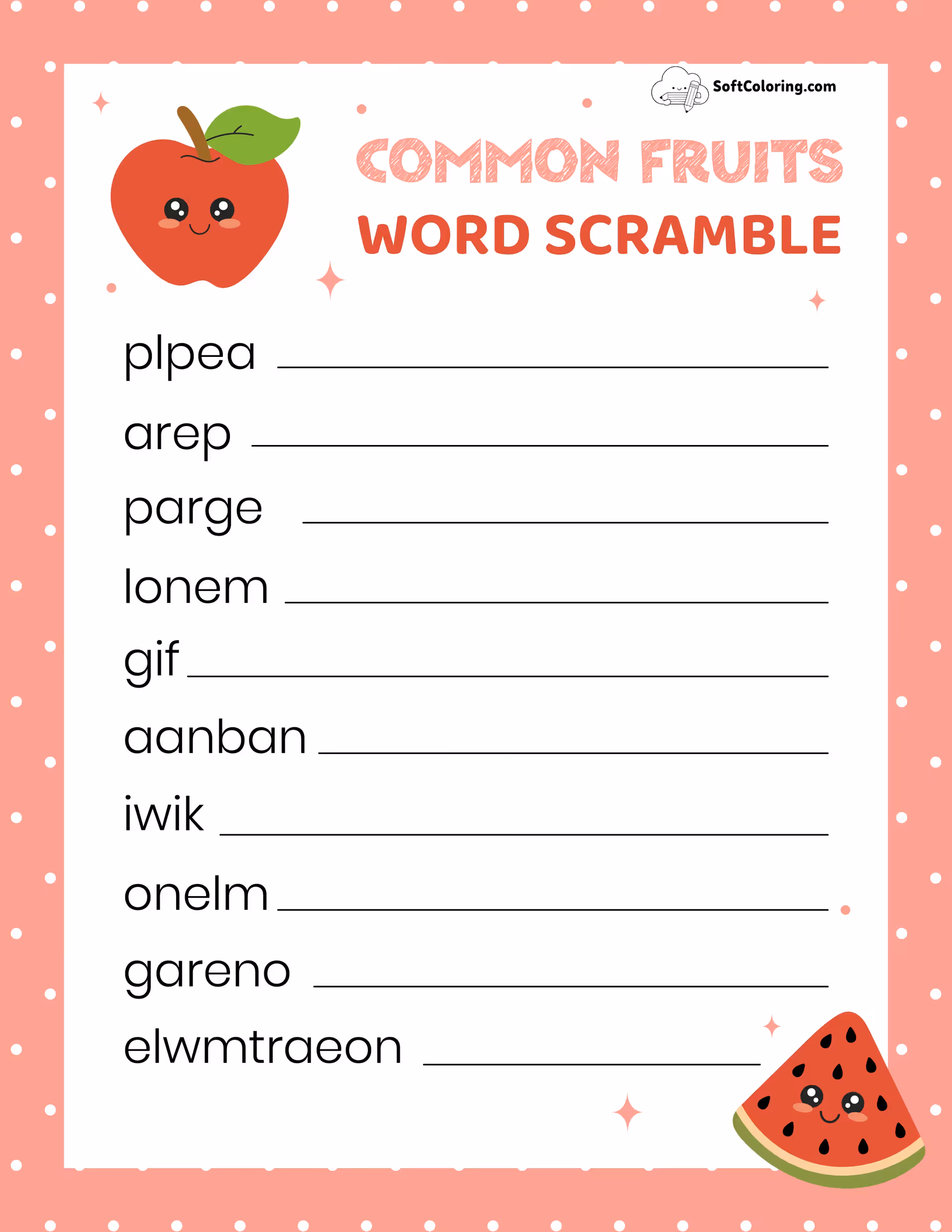 Common Fruits Word Scramble