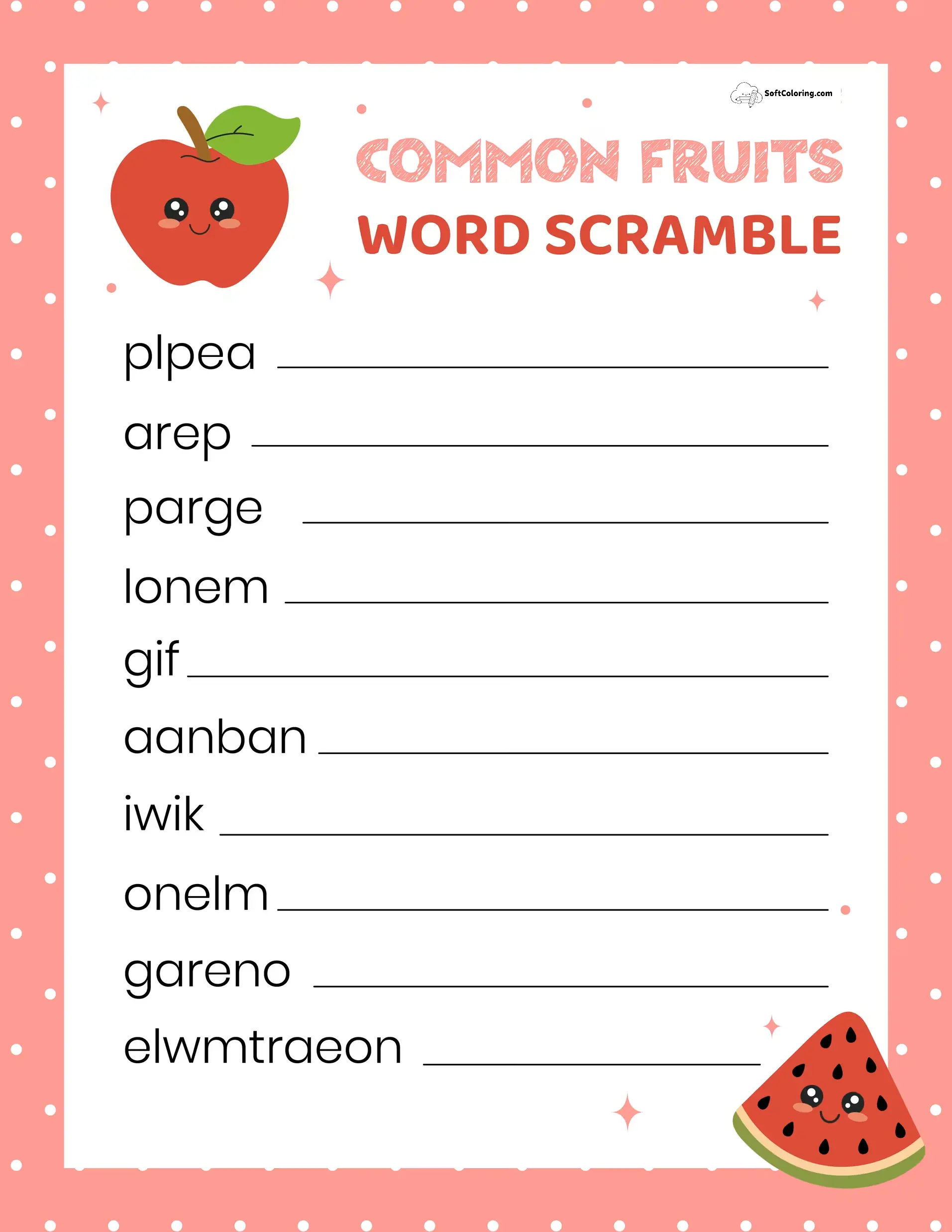 Common Fruits Word Scramble