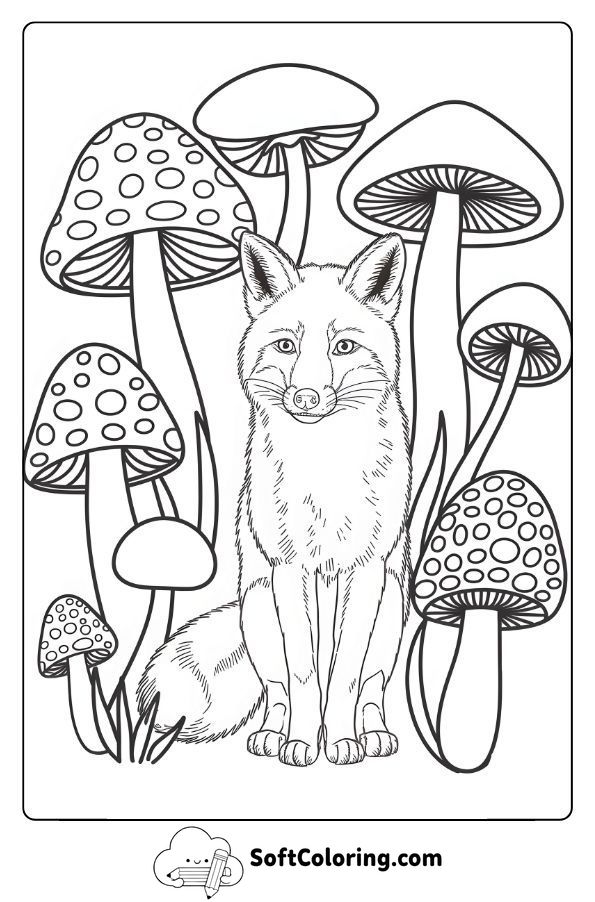 Curious Fox Surrounded by Colorful Mushrooms