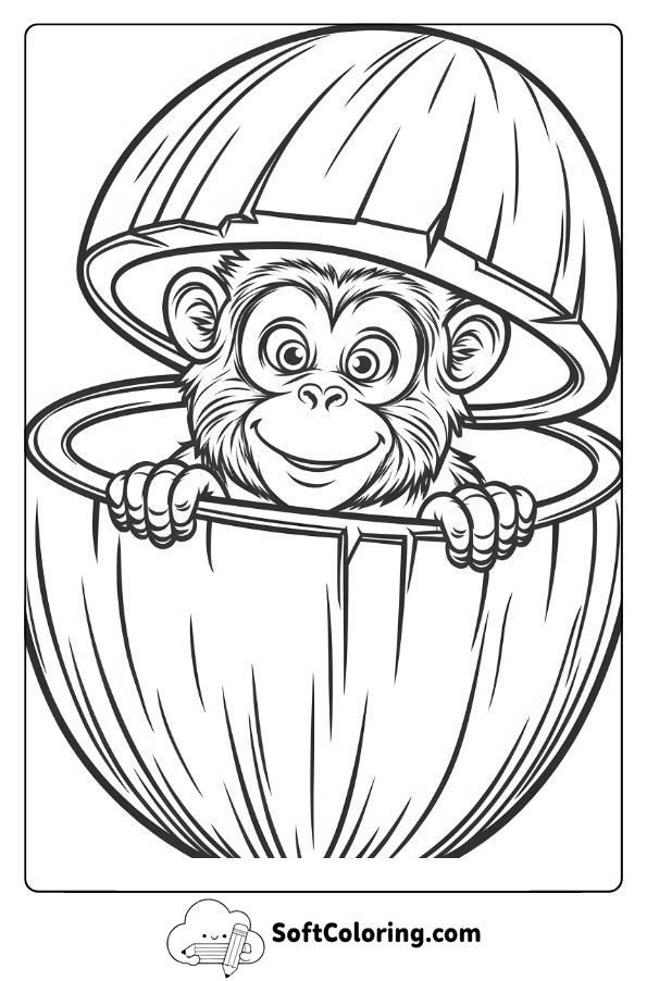 Curious Monkey Peeking Out of a Coconut