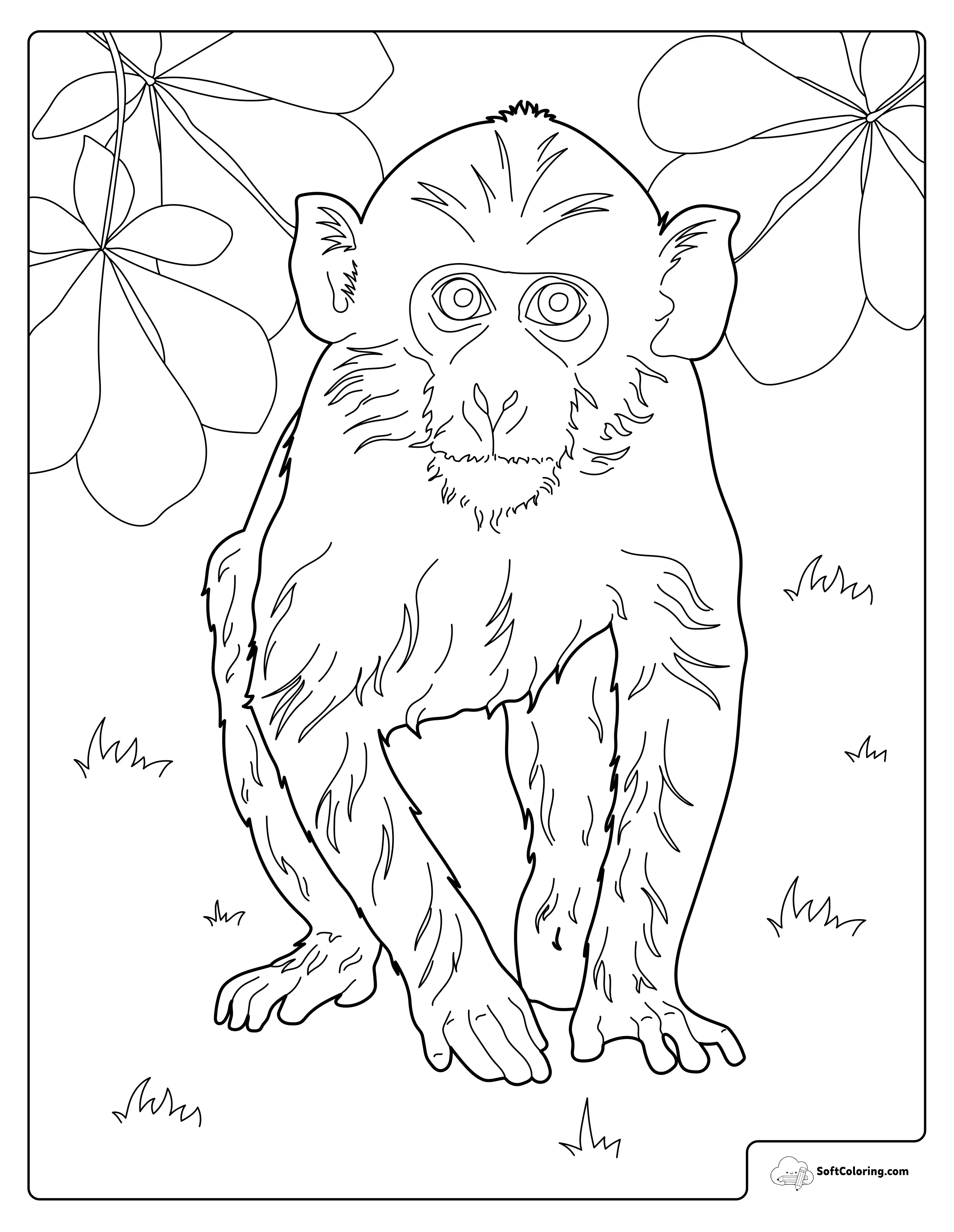 Curious Monkey Under Tropical Leaves Coloring Page
