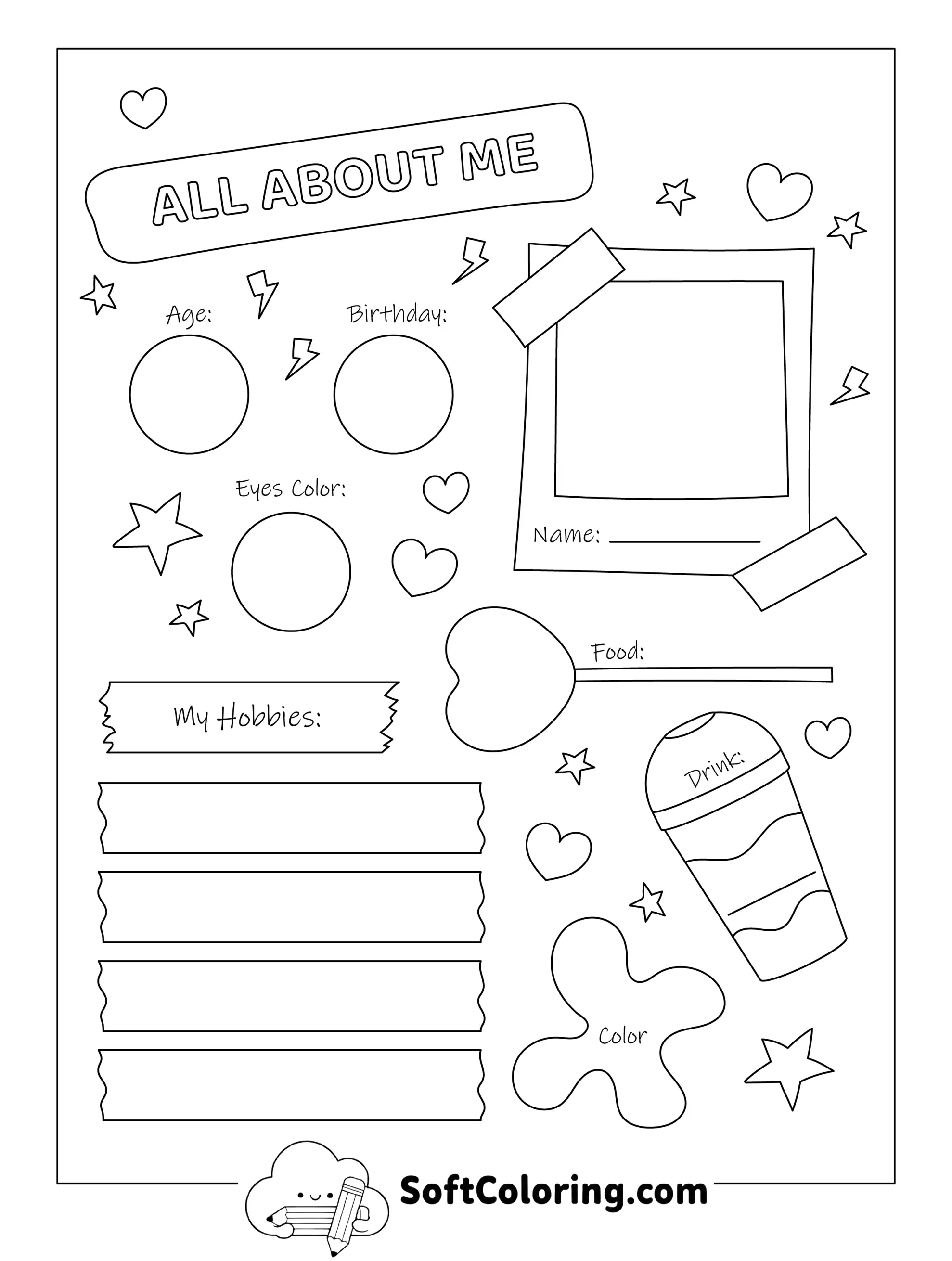 Cute All About Me Printable Worksheet For Girls