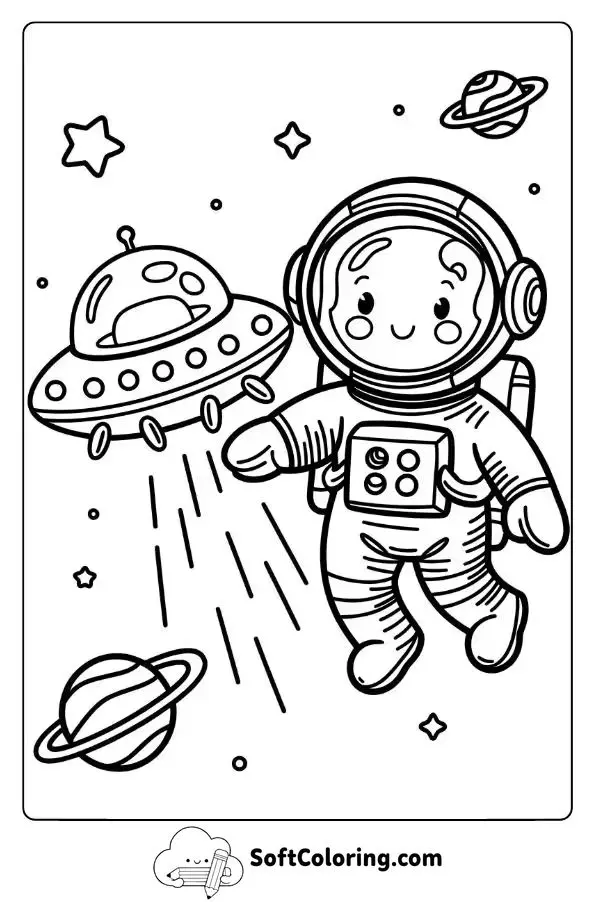 Cute Astronaut Floating Beside A Ufo
