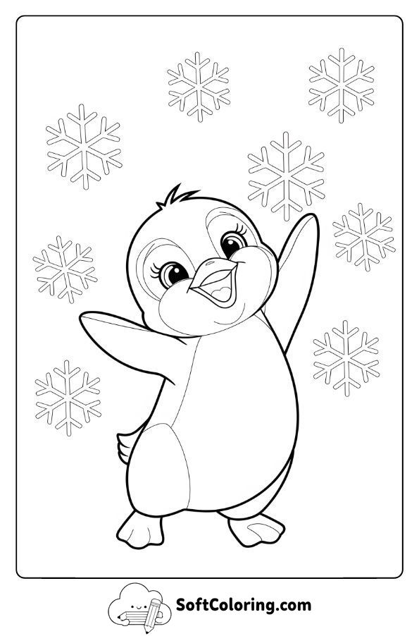 Cute Baby Penguin Playing with Snowflakes