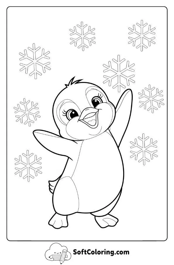 Cute Baby Penguin Playing With Snowflakes