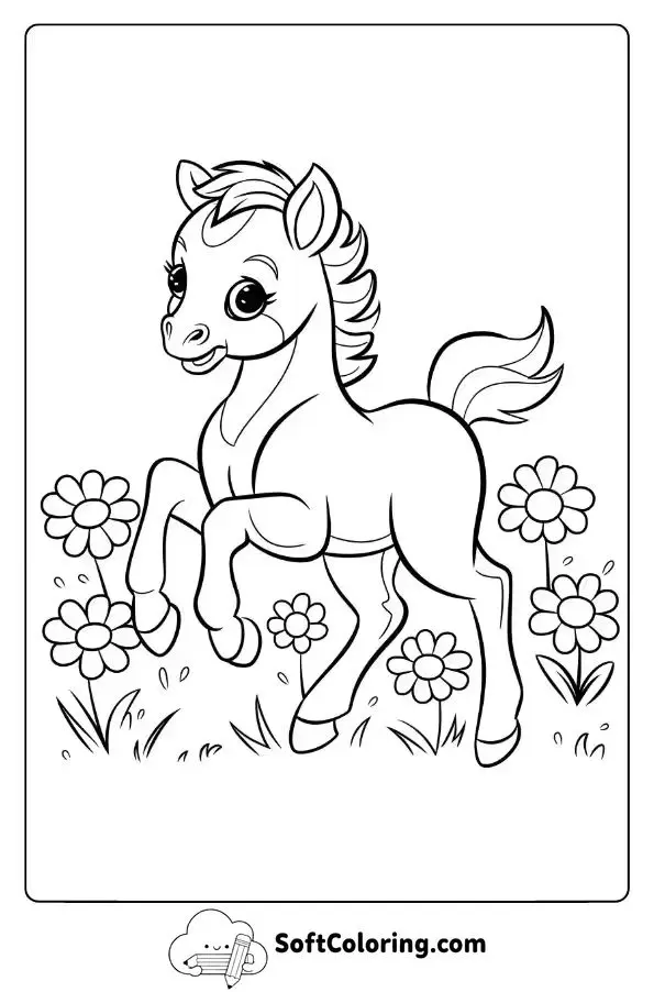 Cute Foal Playing In A Flower Field