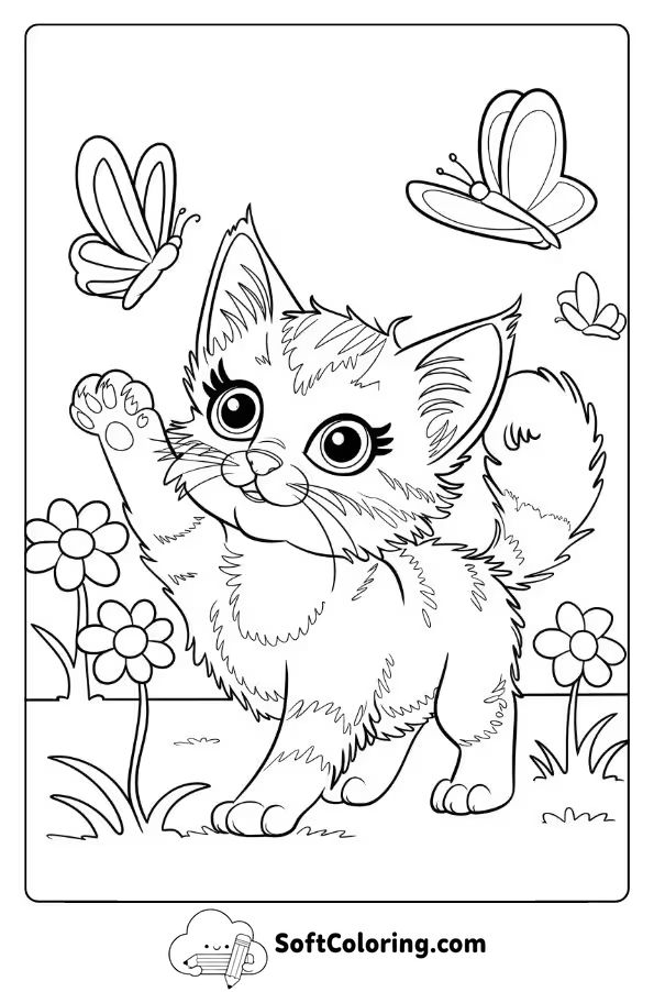 Cute Kitten Chasing Butterflies in the Garden