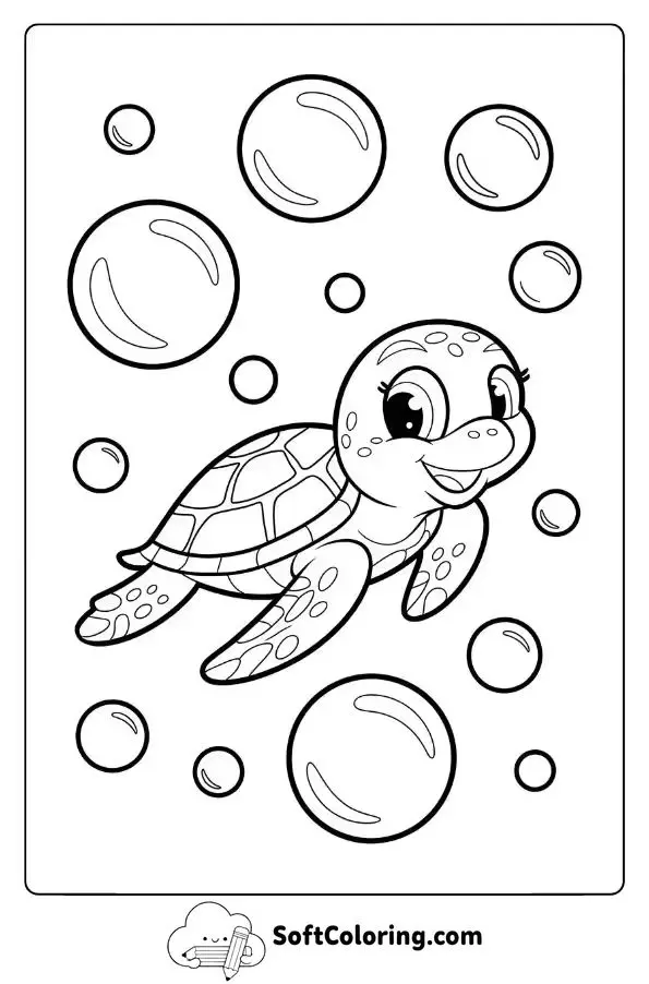 Cute Sea Turtle With Ocean Bubbles