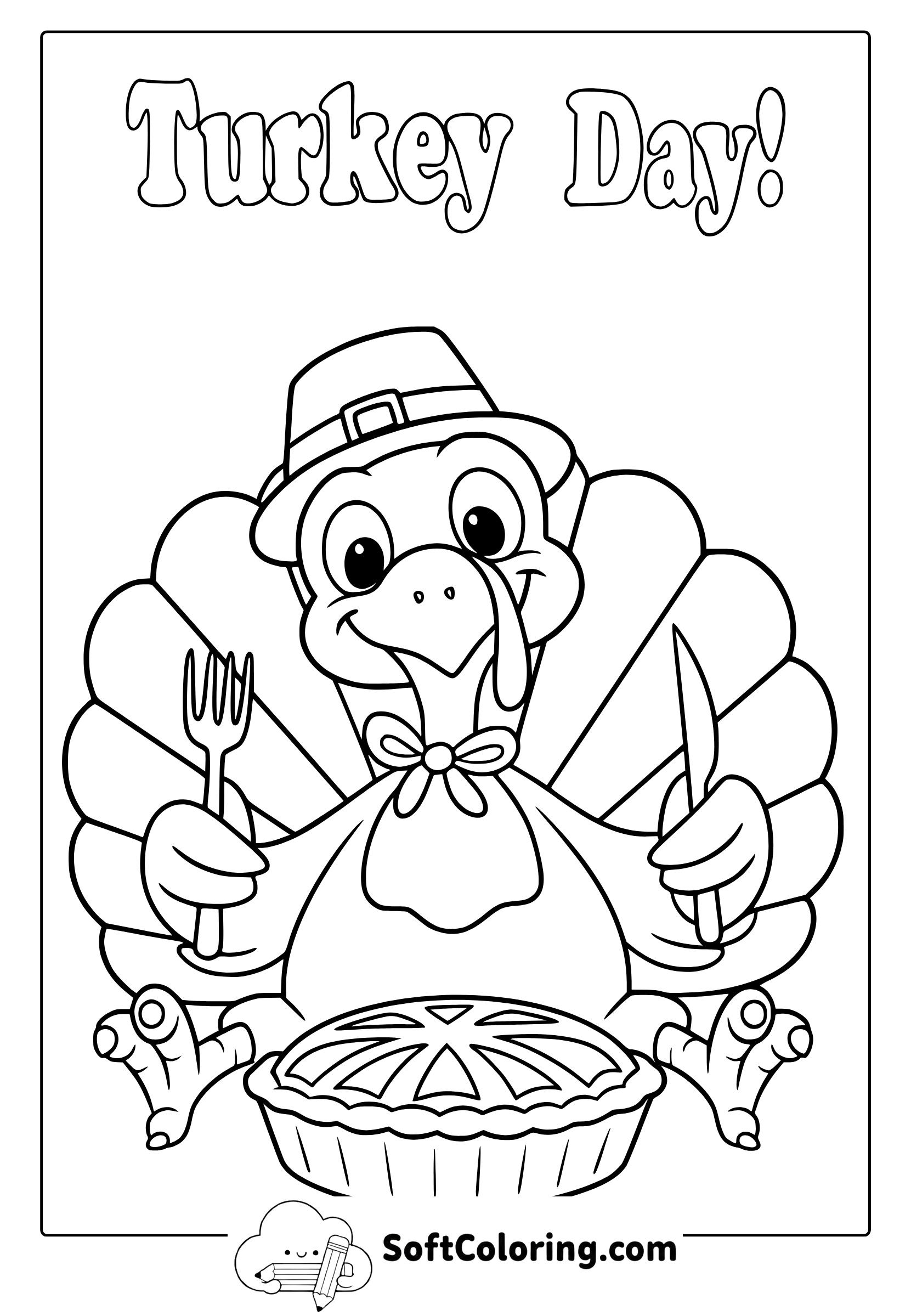 Cute Thanksgiving Turkey with Pumpkin Pie Coloring Page