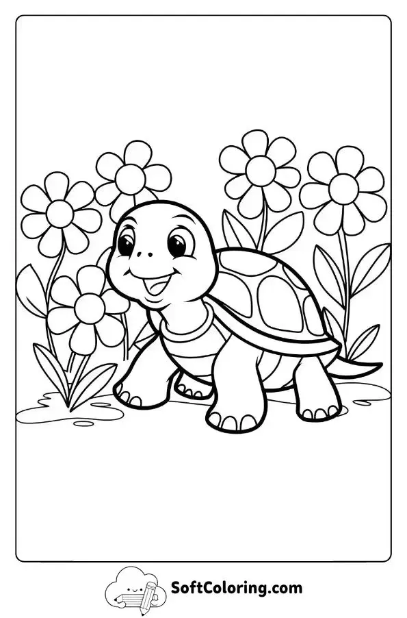 Cute Turtle In A Flower Garden