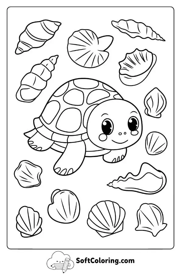 Cute Turtle With Seashells Around