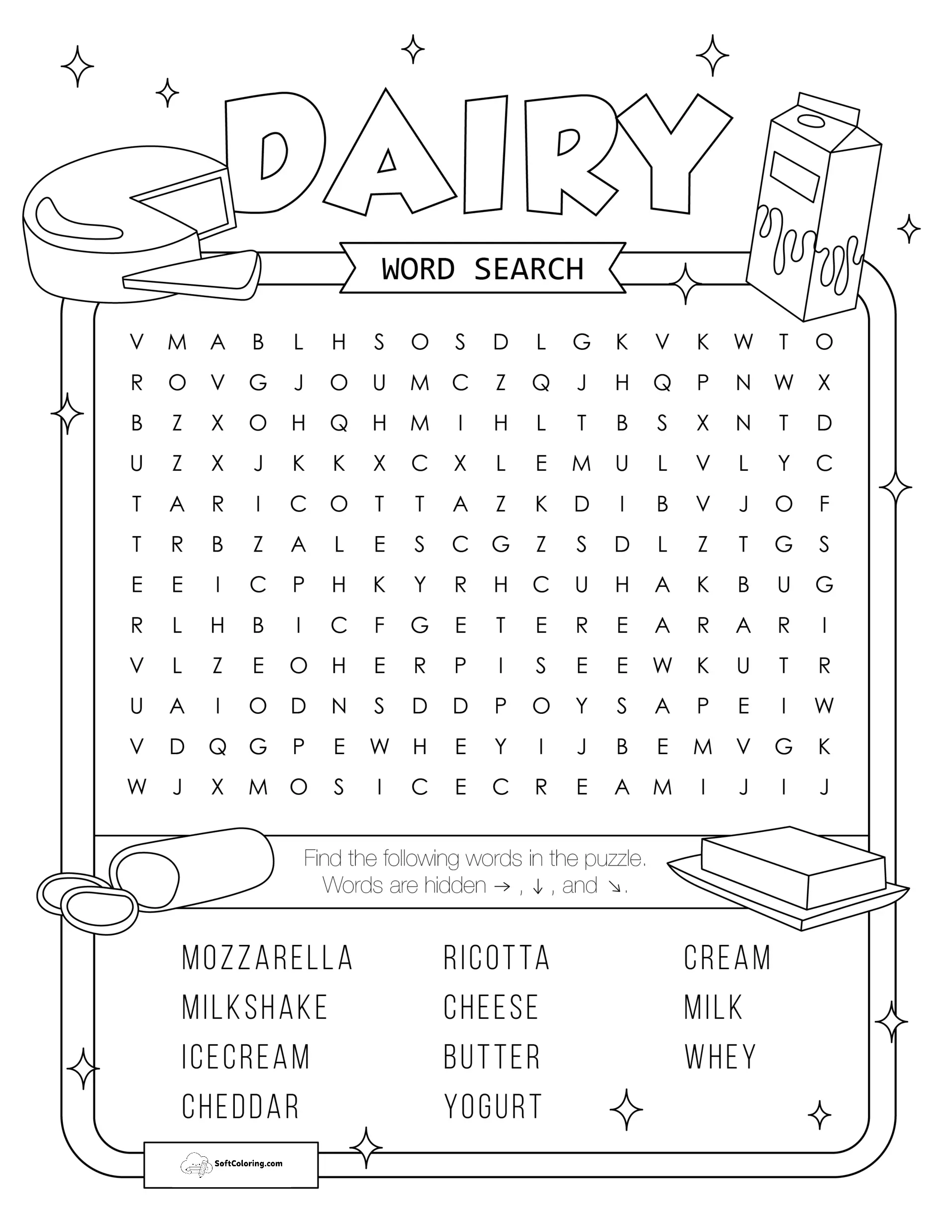 Dairy Word Search Puzzle