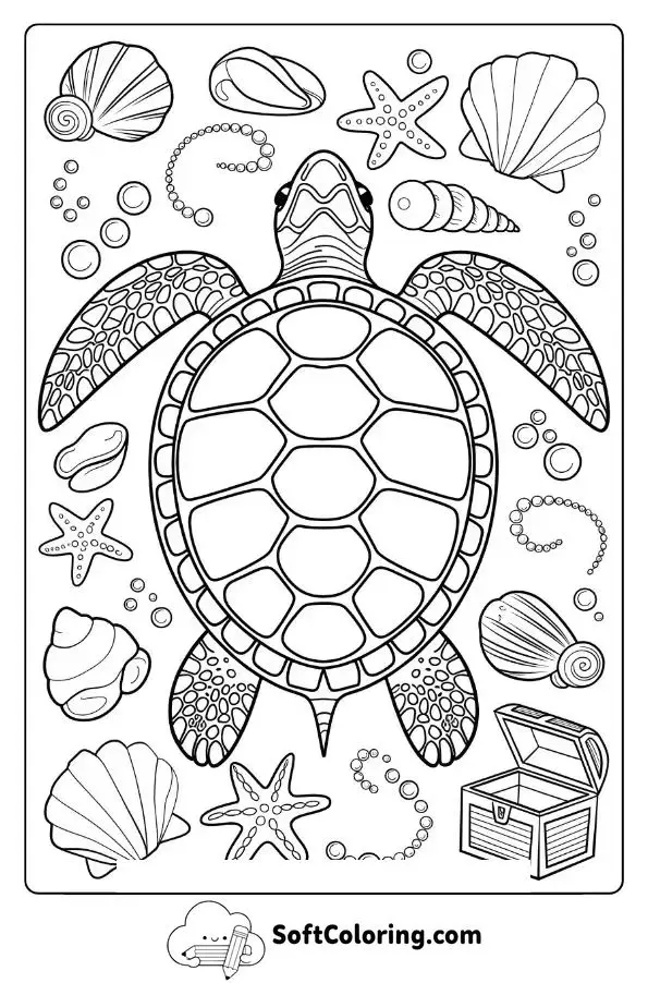 Detailed Turtle With Ocean Treasures
