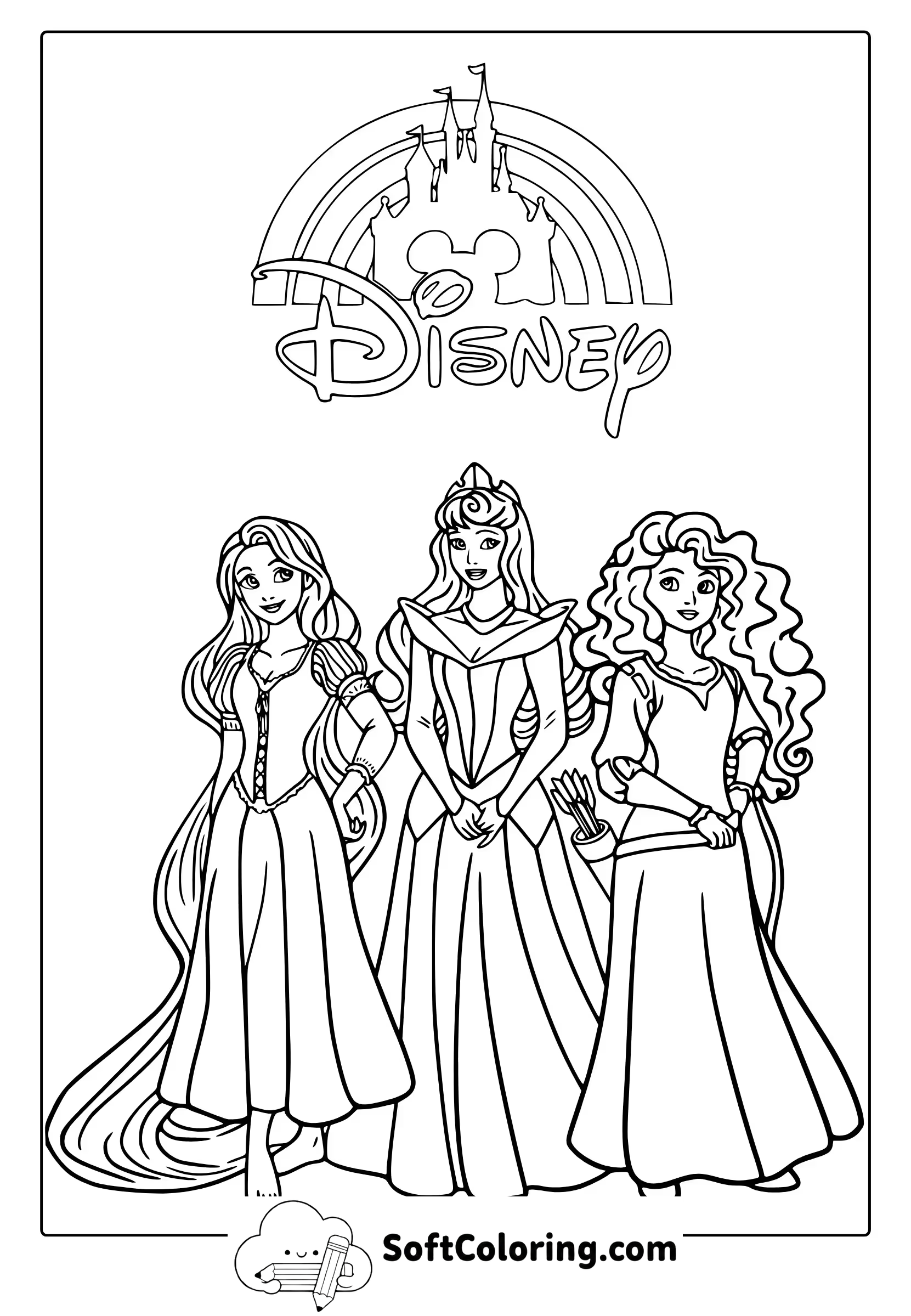 Disney Princess Coloring Page (Rapunzel, Aurora, and Merida)
