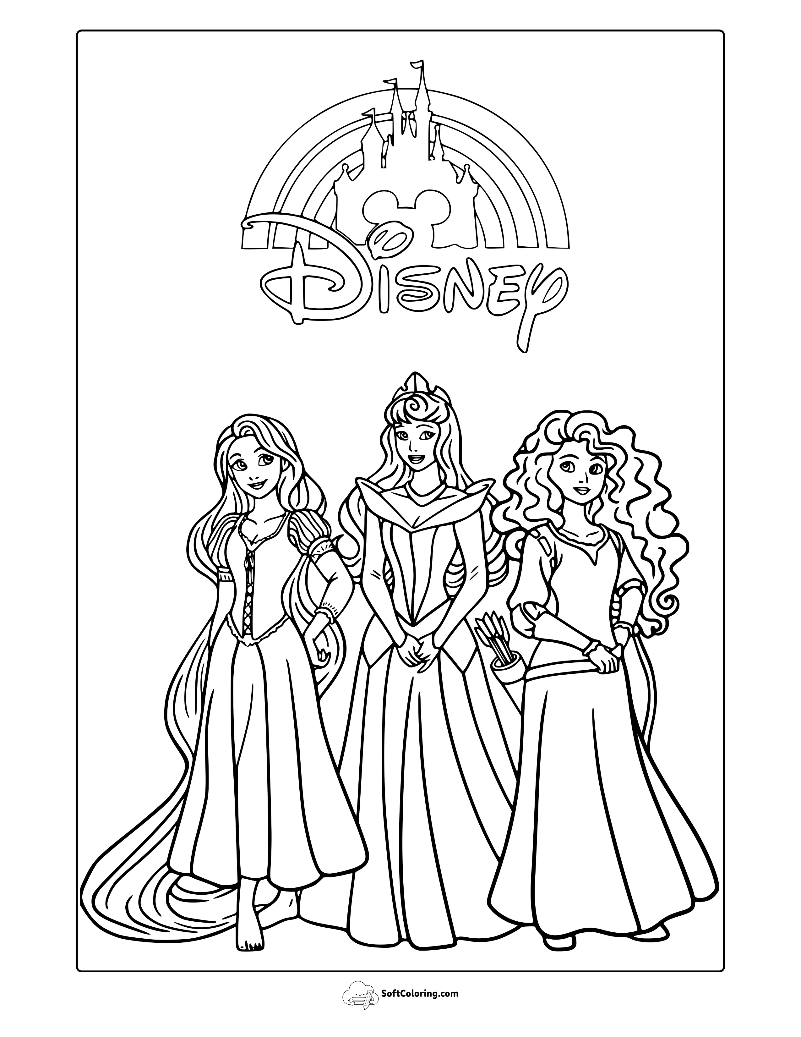 Disney Princess Coloring Page (Rapunzel, Aurora, And Merida)