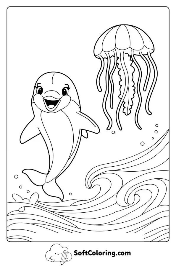 Dolphin Dancing in the Waves with a Jellyfish