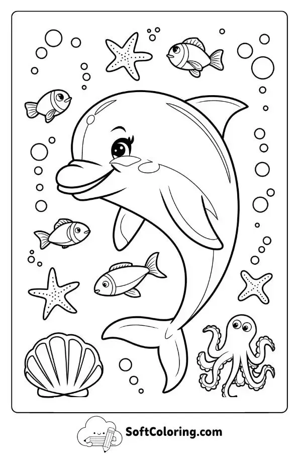 Dolphin Surrounded By Colorful Sea Creatures