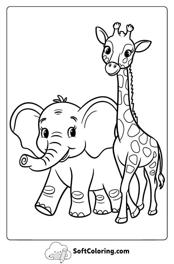 Elephant Walking With A Giraffe Friend