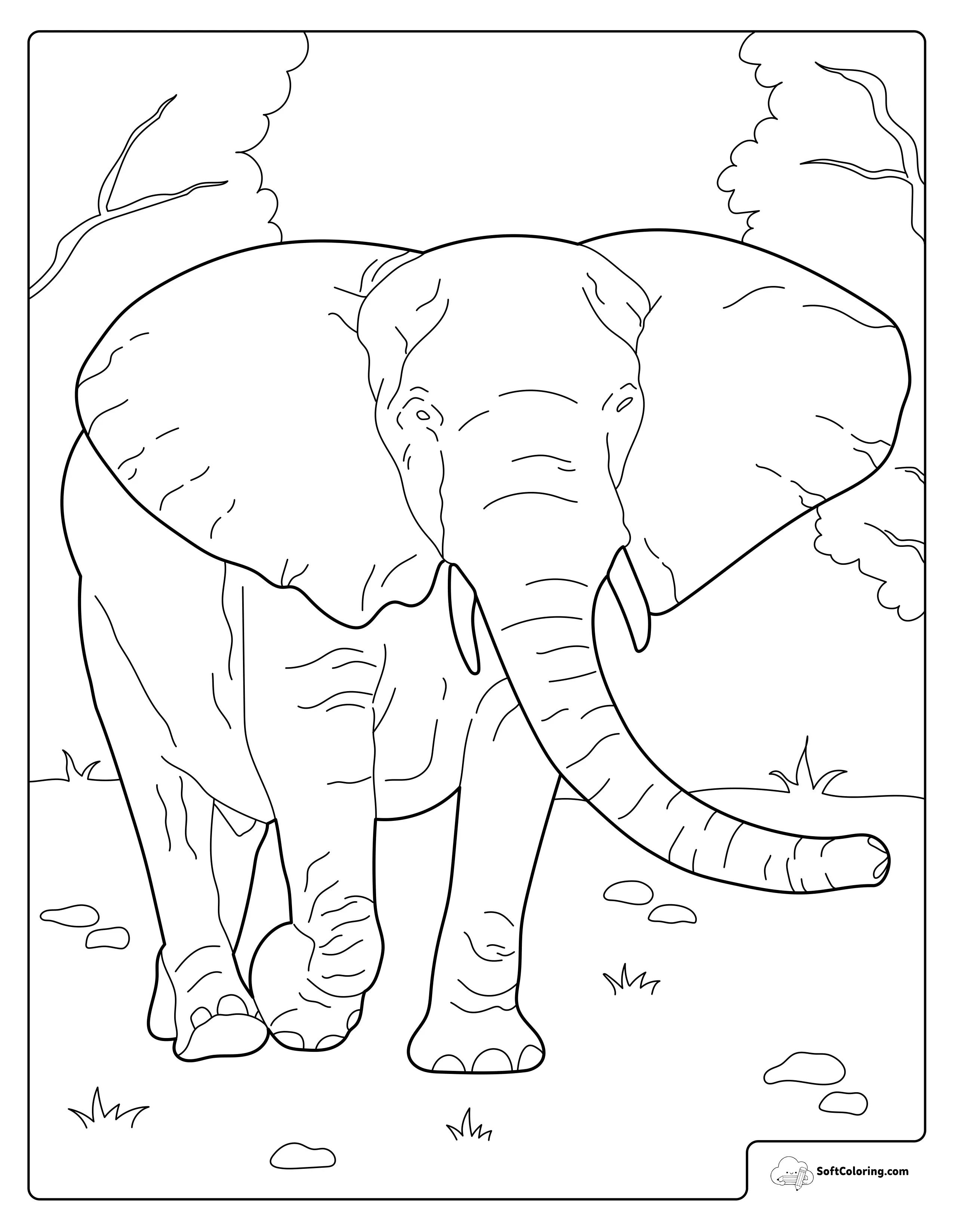 Elephant Walking In The Wild Coloring Page