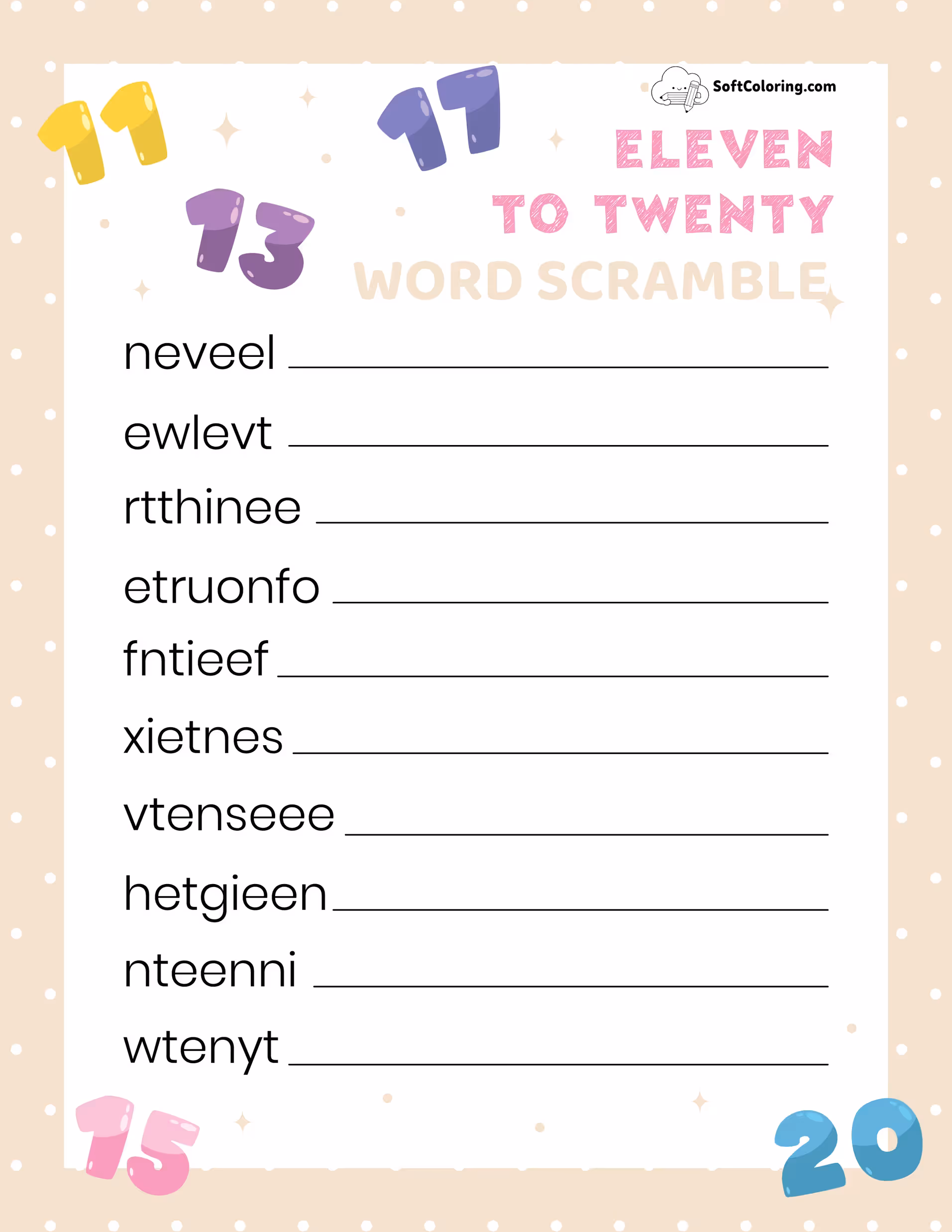 Eleven to Twenty Word Scramble