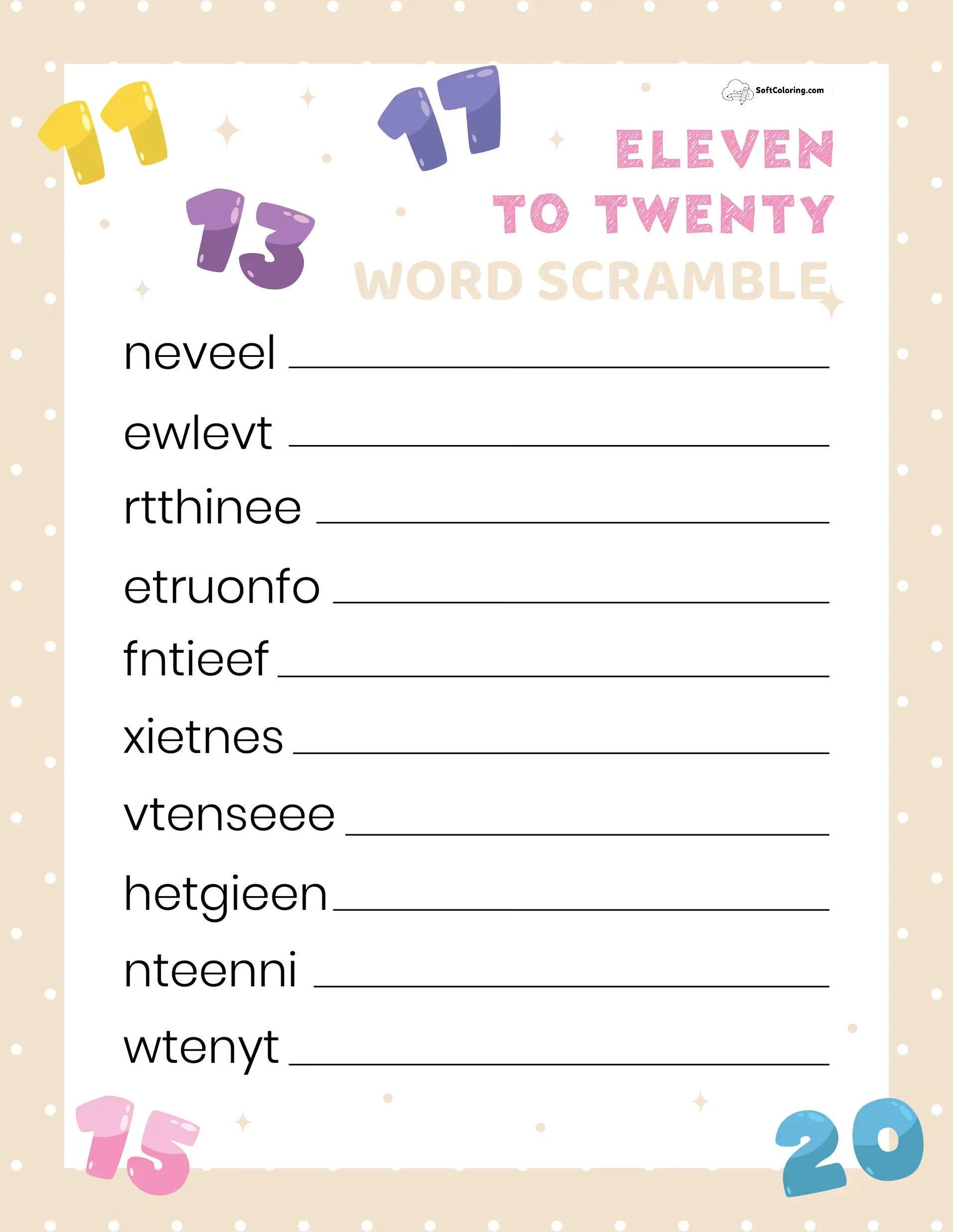 Eleven To Twenty Word Scramble