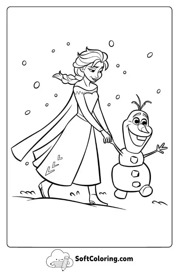 Elsa Holding Olaf’s Hand As They Walk Through The Snow