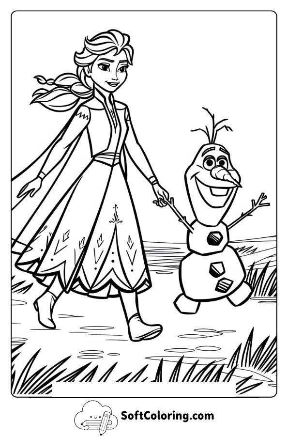 Elsa Holding Olaf’s Hand as They Walk Through the Snowy Fields
