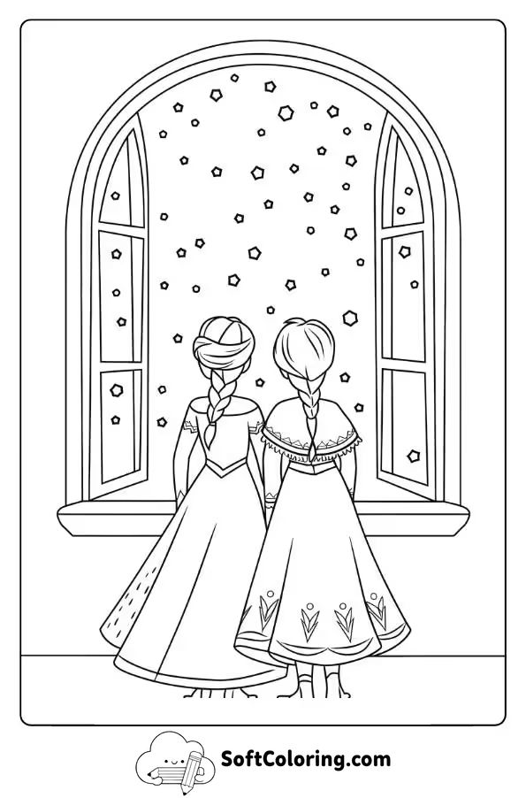 Elsa and Anna Watching the Snow Fall from Their Castle