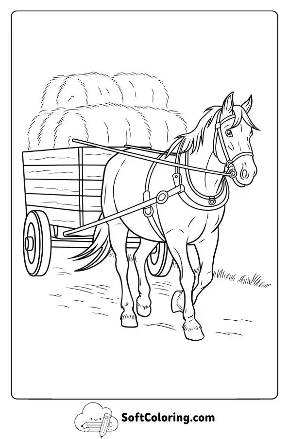 Farm Horse Pulling a Wagon of Hay