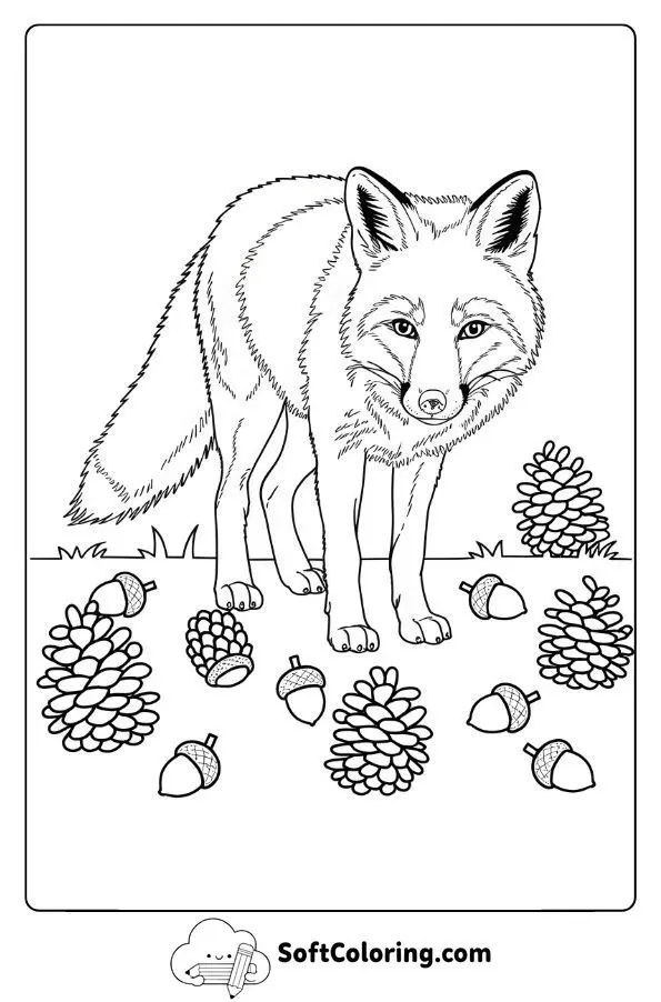 Fox Amidst Fallen Pine Cones And Acorns