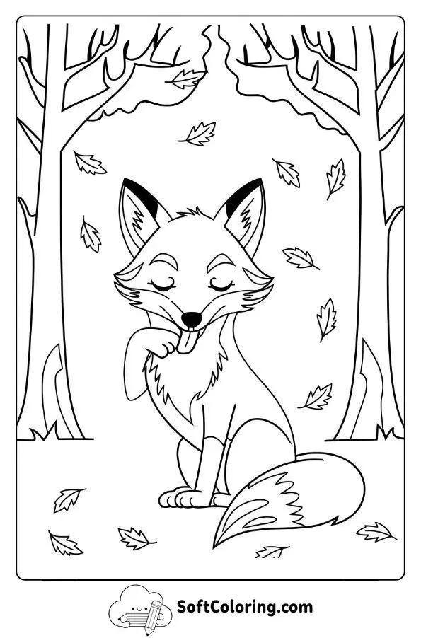 Fox Grooming Itself Under Autumn Trees