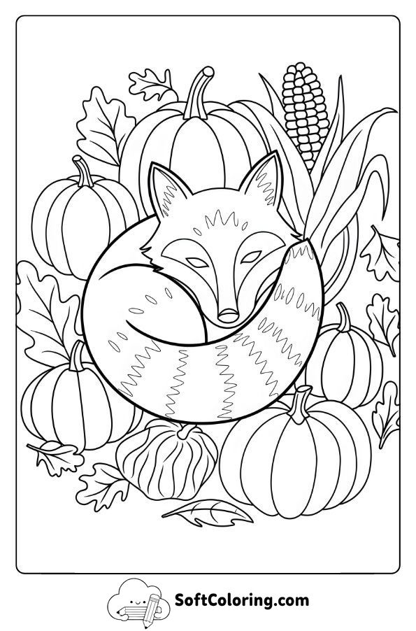 Fox Nestled Among Pumpkins and Harvest Vegetables
