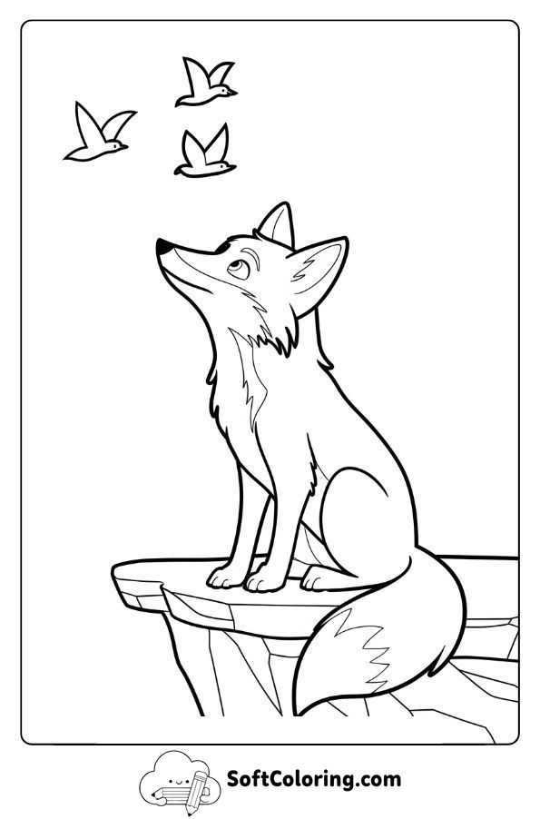 Fox Watching Birds from a Rock Ledge